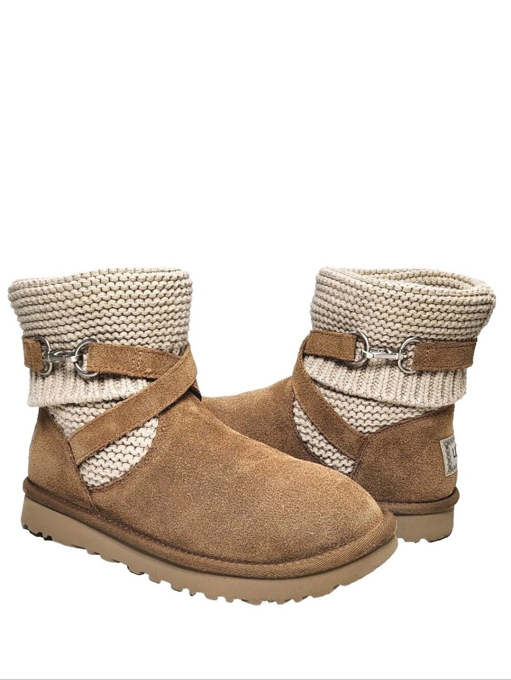 UGG Purl Knit Strap Boots Sz 7 Wrap Around Chestnut Suede Shearling 1098080